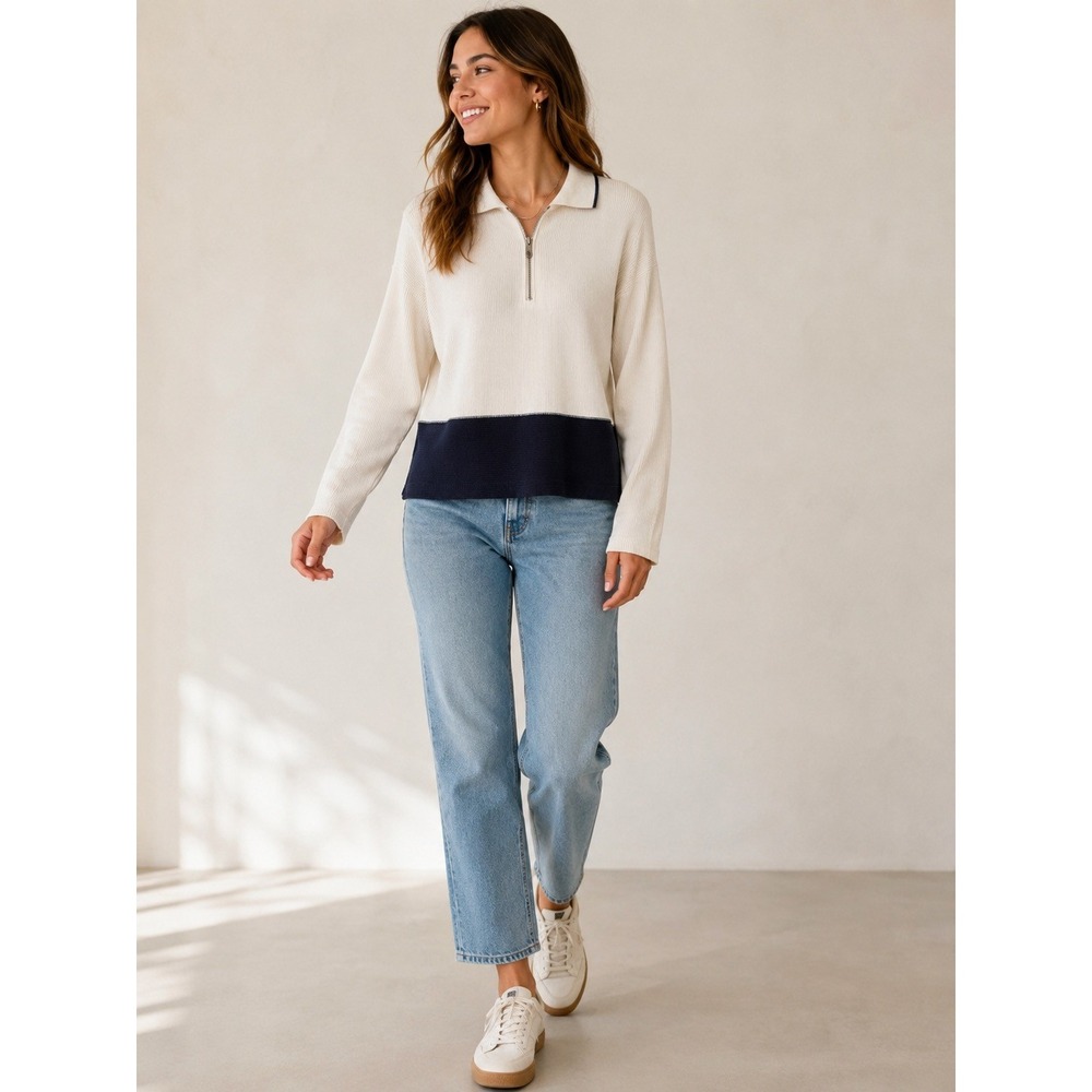 Norton Studio Womens Ribbed Quarter Zip Pullover Sweater Cream Navy Colorblock L